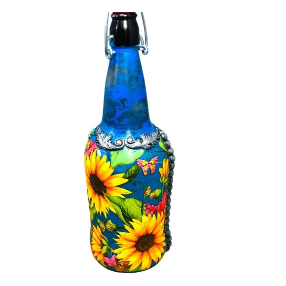 Hand Painted, Decoupaged and Molded Clay Grolsch-Style Bottle Poppy & Sunflowers - Picture 15 of 16